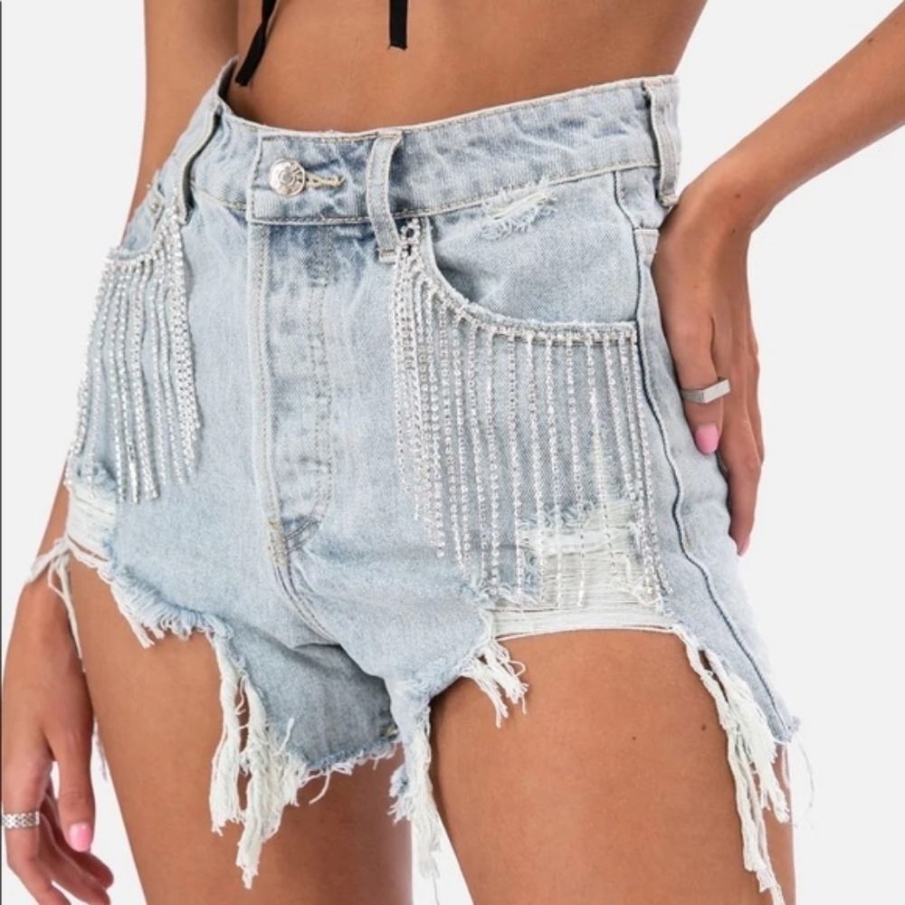 Adika Light Wash Denim Shorts with Rhinestone Fringe